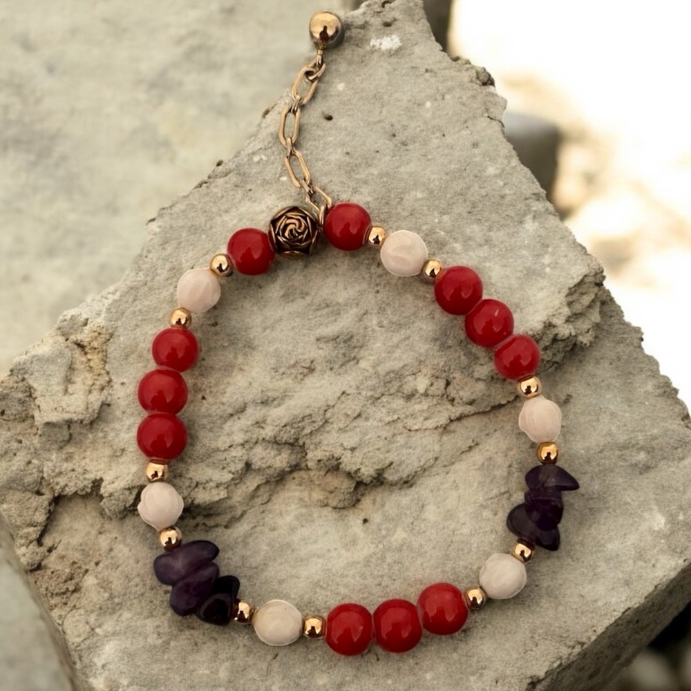Purple Amethyst Orange Beads Flower Charm Recycled Vintage Beaded Bracelet